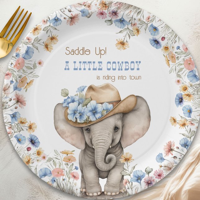 Little Cowboy Elephant and Boho Wildflower Paper Plates (Little Cowboy paper plates from the Boho Elephant Baby Shower Collection by Darling & May)