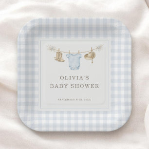 Little Cowboy Gingham Blue Boy Baby Shower Party Paper Plates