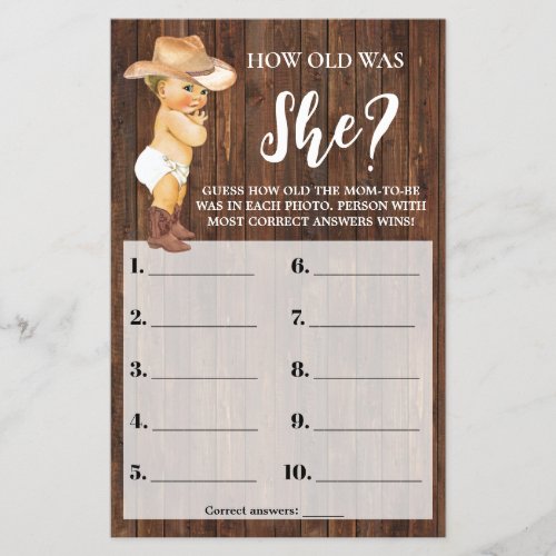 Little Cowboy How old was She Baby Shower Game Flyer