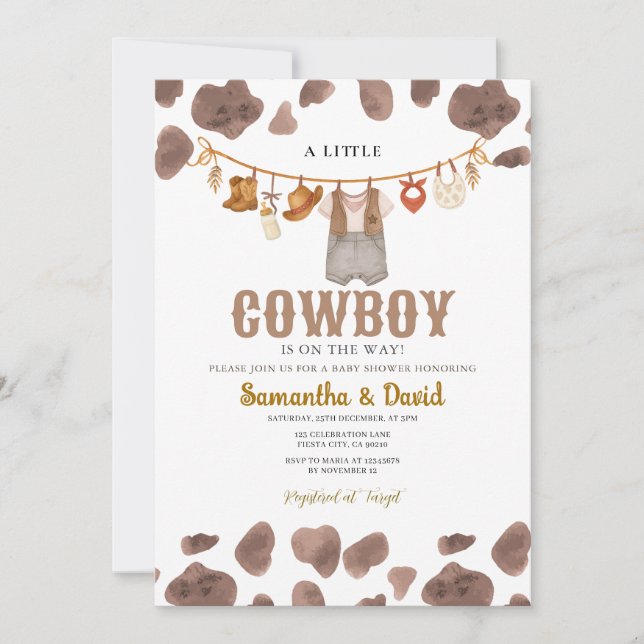 Little Cowboy is on the Way Cow Pattern Invitation (Front)