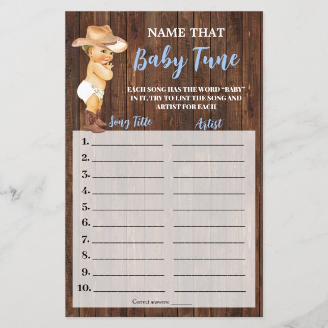 Little Cowboy Name that Baby Tune Shower Game Card Flyer (Front)
