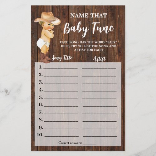 Little Cowboy Name that Baby Tune Shower Game Card Flyer