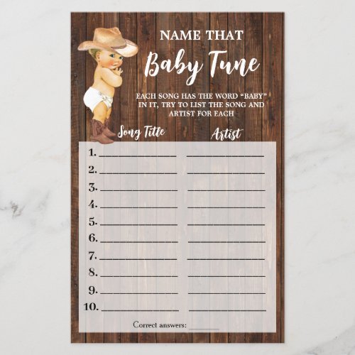 Little Cowboy Name that Baby Tune Shower Game Card Flyer