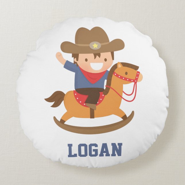 Little Cowboy on Rocking Horse Boys Room Decor Round Pillow (Front)