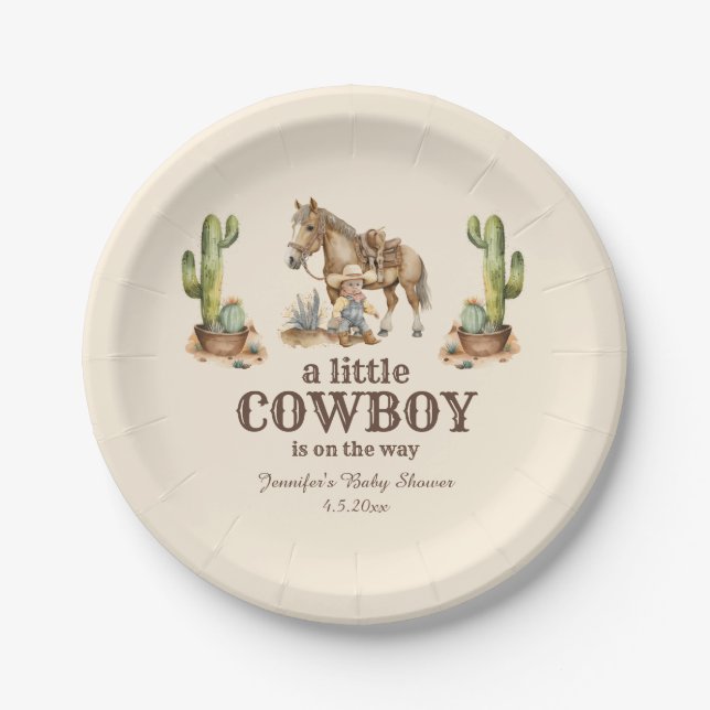 little cowboy on the way, boy baby shower  paper plates (Front)