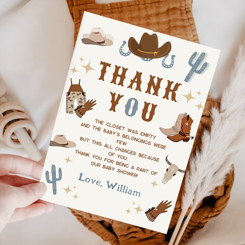 Little Cowboy Rodeo Western Baby Shower Thank You Card