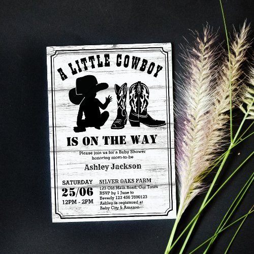 Little cowboy rustic black and white baby shower invitation