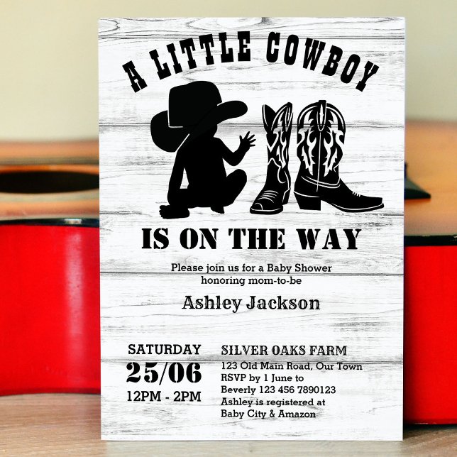 Little cowboy rustic black and white baby shower invitation (Creator Uploaded)