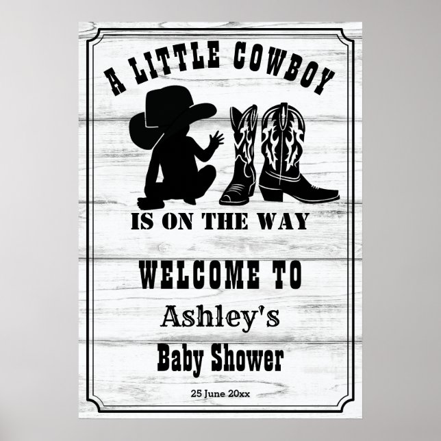 Little cowboy rustic black and white baby shower poster (Front)