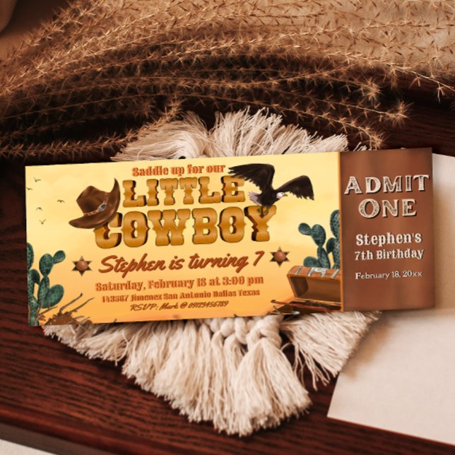 Little Cowboy Ticket Invitation (Little Cowboy -  Boy Birthday Ticket Invitation )