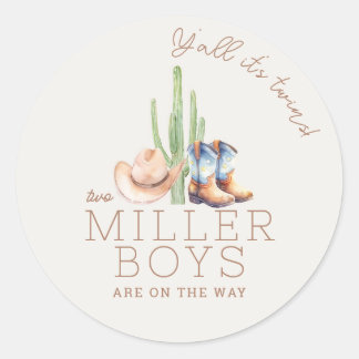 Little Cowboy Twin Baby Shower Round Sticker