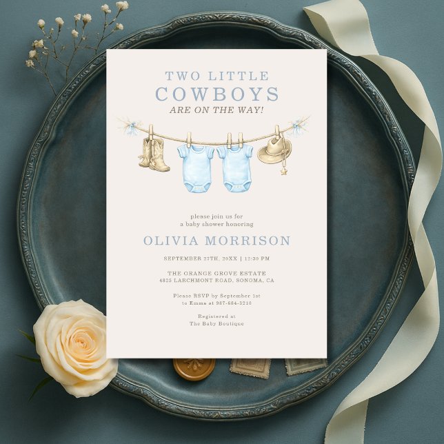 Little Cowboy Twins Clothesline Boy Baby Shower Invitation (Creator Uploaded)