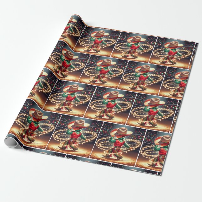 Little Cowboy Twirling Christmas Lights Wrapping Paper (Unrolled)