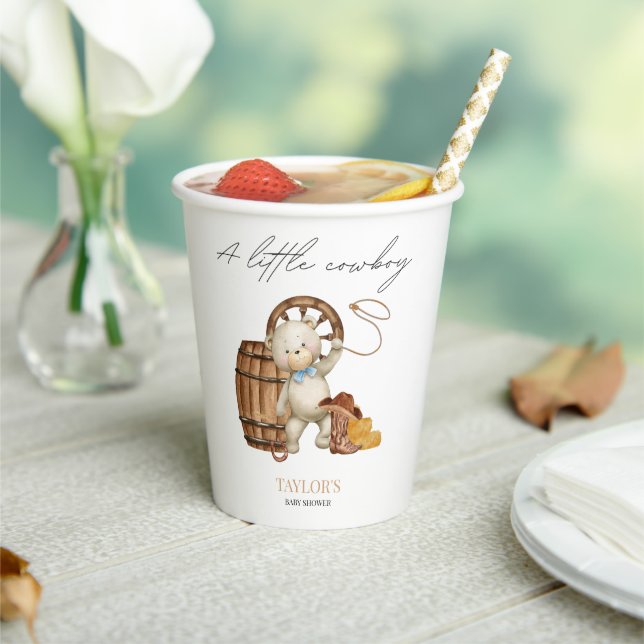 Little Cowboy Watercolor Bear Baby Shower Pa Paper Cups (Insitu)