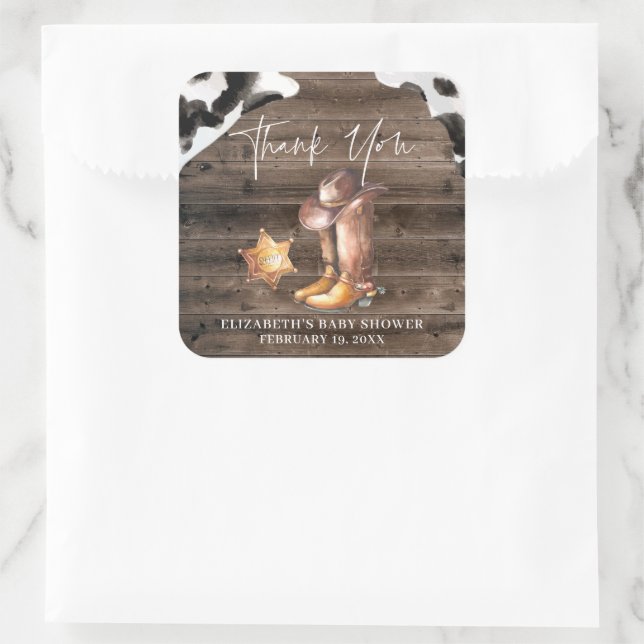 Little Cowboy | Western Baby Shower Favor Square Sticker (Bag)