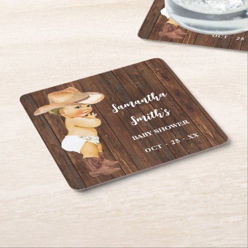 Little Cowboy Western Baby Shower Party Decor Square Paper Coaster