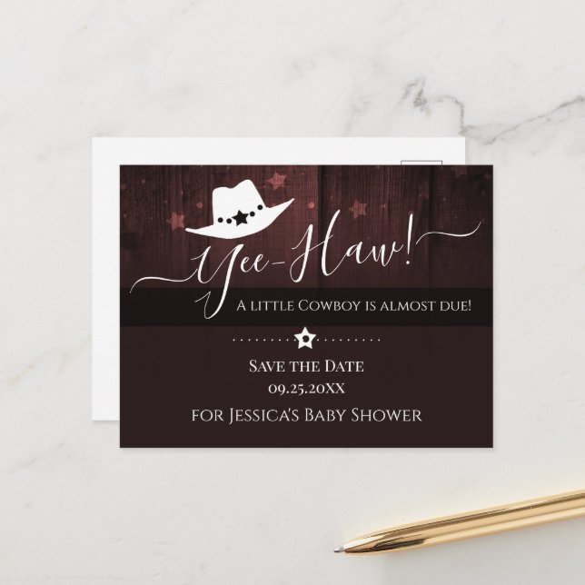 Little Cowboy Western Baby Shower Save the Date Postcard (Front/Back In Situ)