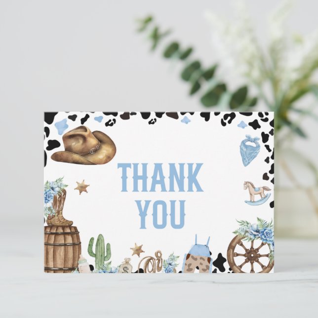 Little Cowboy Western Blue Baby Shower  Thank You Card (Standing Front)