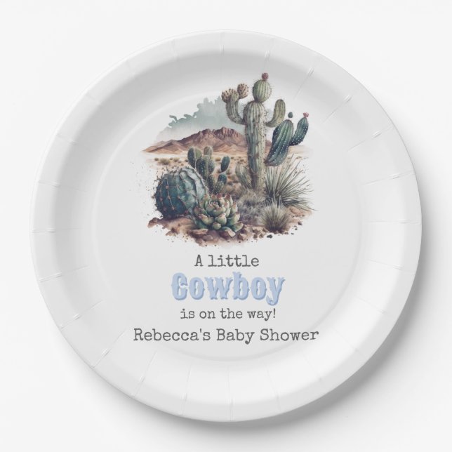 Little Cowboy Western Blue Boy Baby Shower Decor Paper Plates (Front)