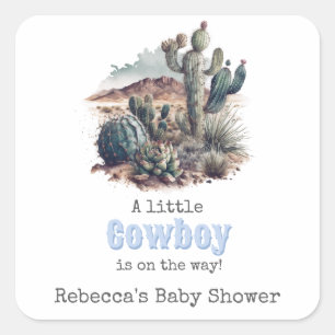 Little Cowboy Western Blue Boy Baby Shower Decor Square Sticker