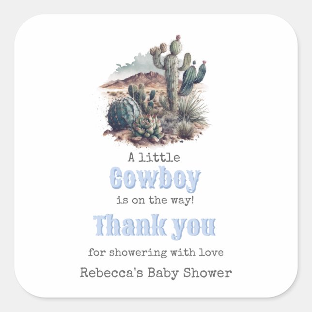 Little Cowboy Western Blue Boy Baby Shower Favor Square Sticker (Front)