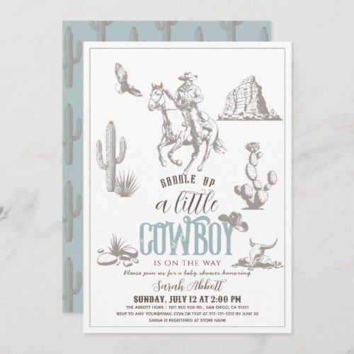 Little Cowboy Western Blue Boy Baby Shower Invitation