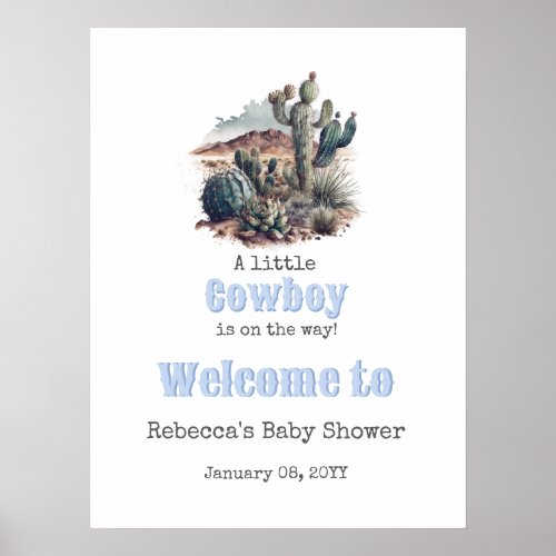 Little Cowboy Western Blue Boy Baby Shower Welcome Poster