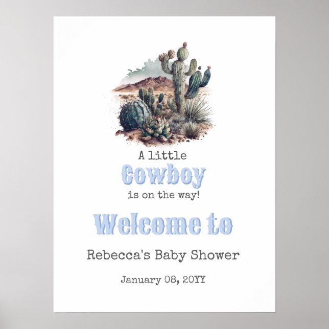 Little Cowboy Western Blue Boy Baby Shower Welcome Poster (Front)