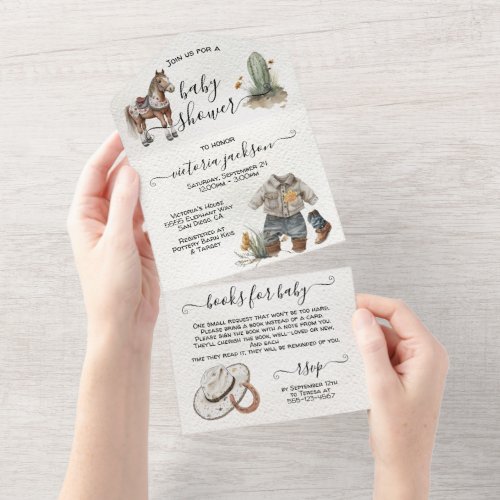 Little Cowboy Western Watercolor Baby Shower All I All In One Invitation
