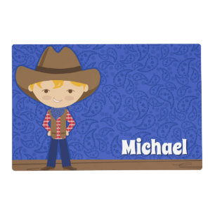 Little Cowboy With Name on Blue Paisley Placemat