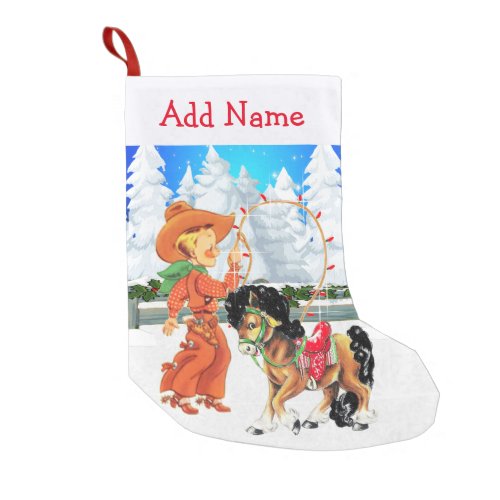 Little Cowboy With Rope and  Horse  Winter Scene Small Christmas Stocking