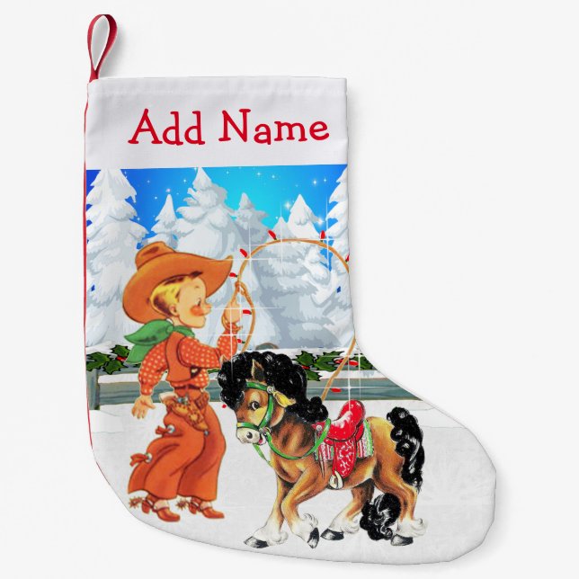 Little Cowboy With Rope and  Horse  Winter Scene Small Christmas Stocking (Front)