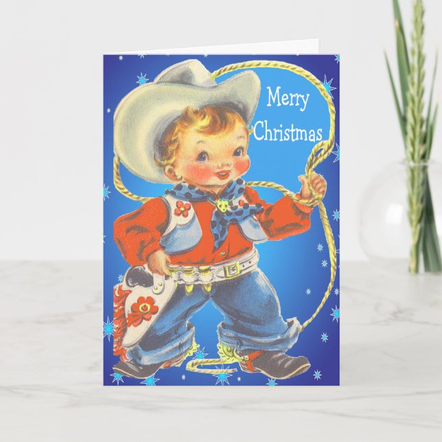 Little Cowboy With Rope Merry Christmas Holiday Card (Front)