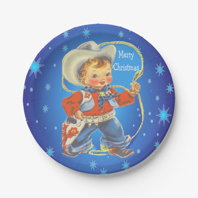 Little Cowboy With Rope Merry Christmas Paper Plates (Front)
