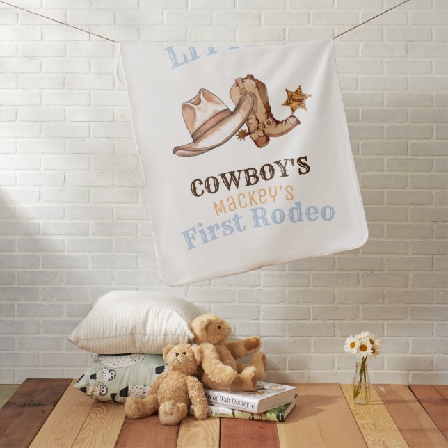 Little Cowboy's First Rodeo Blue and Brown Western Baby Blanket (In Situ)