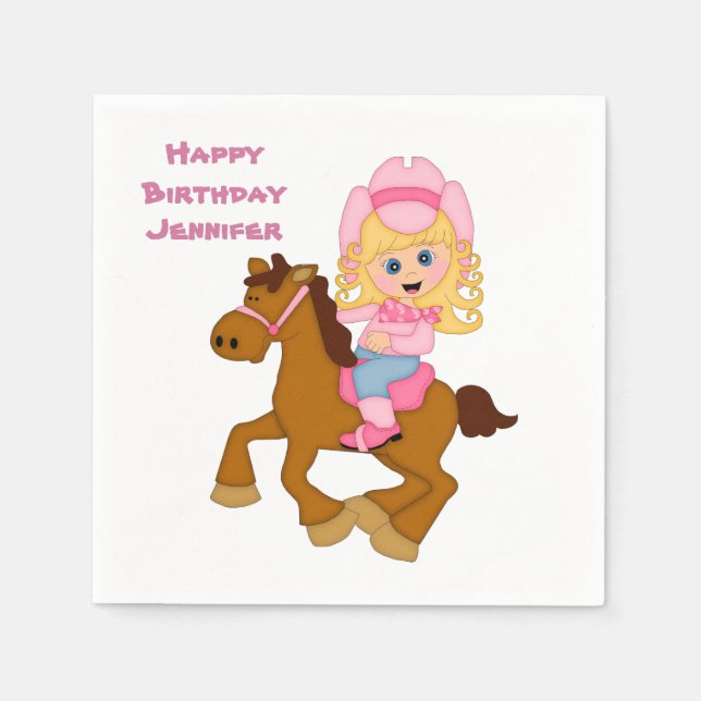 Little Cowgirl and Pony Birthday Paper Napkins (Front)