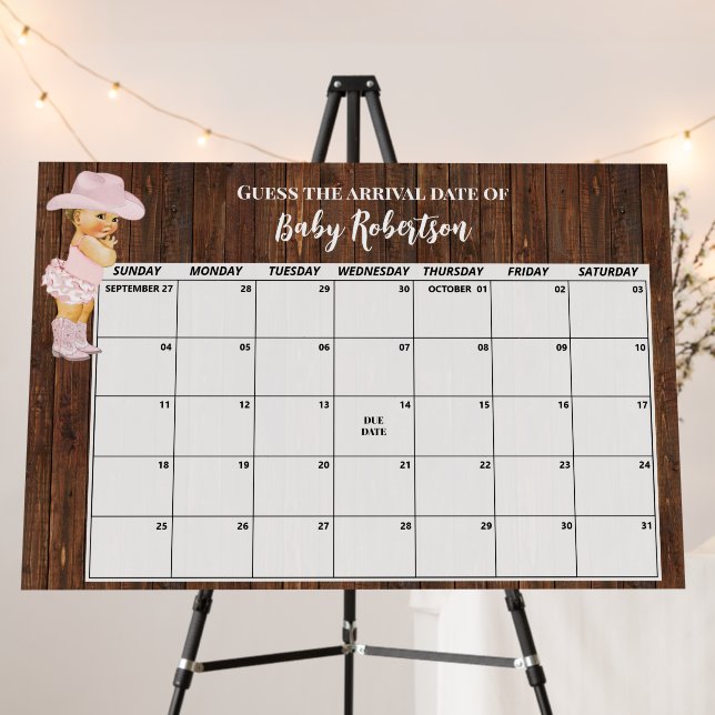 Little Cowgirl Baby Shower Guess Due Date Calendar Foam Board (In Situ (Stand))