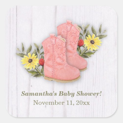 Little Cowgirl Bootie Baby Shower White Wood Square Sticker