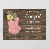 Little Cowgirl Bootie Brown Wood Baby Shower Invitation