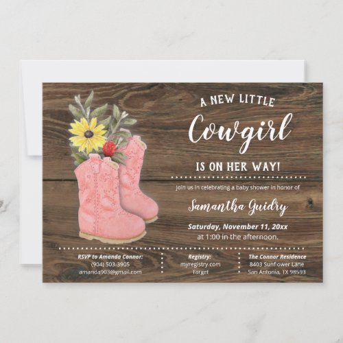 Little Cowgirl Bootie Brown Wood Baby Shower Invitation