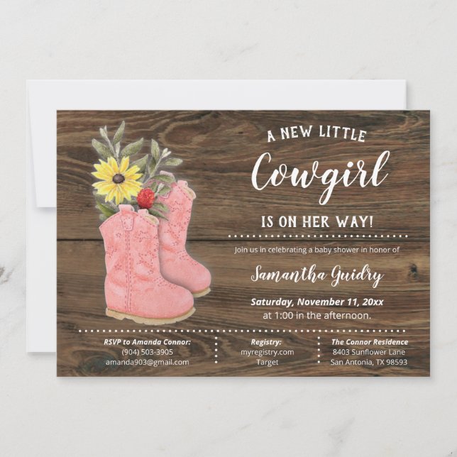 Little Cowgirl Bootie Brown Wood Baby Shower Invitation (Front)