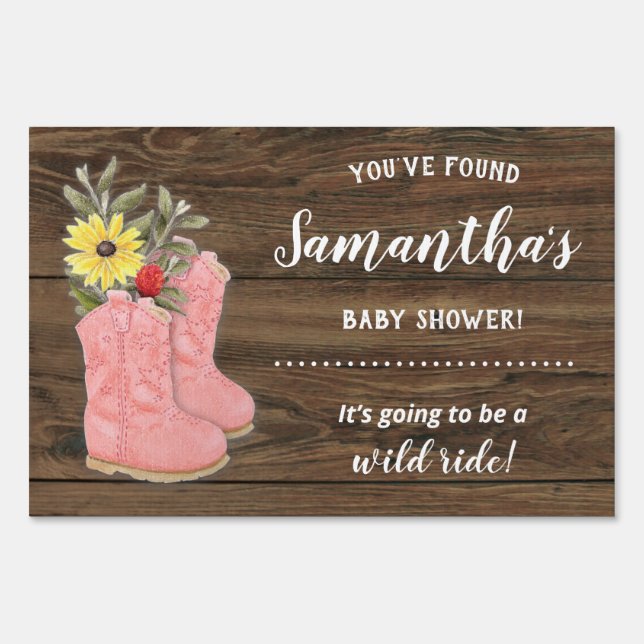 Little Cowgirl Bootie Dark Wood Baby Shower Sign (Front)