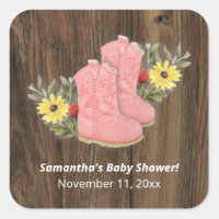 Little Cowgirl Bootie Dark Wood Baby Shower Square Sticker