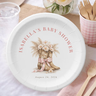 Little Cowgirl Boots And Pink Bow Girl Baby Shower Paper Plates