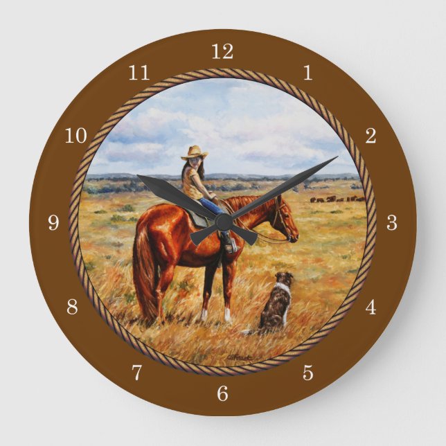 Little Cowgirl on Cattle Horse Brown Large Clock (Front)
