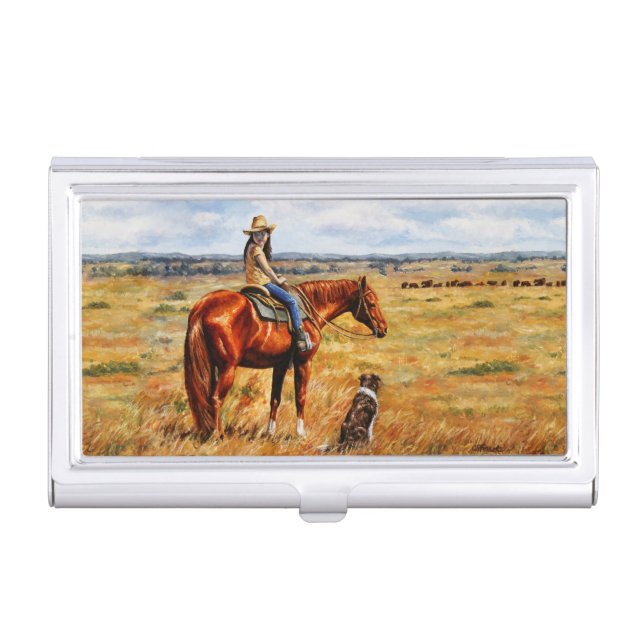 Little Cowgirl on Cattle Horse Business Card Holder (Front)