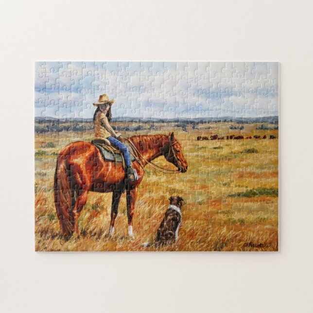 Little Cowgirl on Cattle Horse Jigsaw Puzzle (Horizontal)