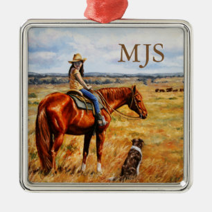 Little Cowgirl on Cattle Horse Metal Ornament