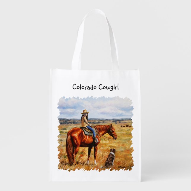 Little Cowgirl on Cattle Horse Reusable Grocery Bag (Front)