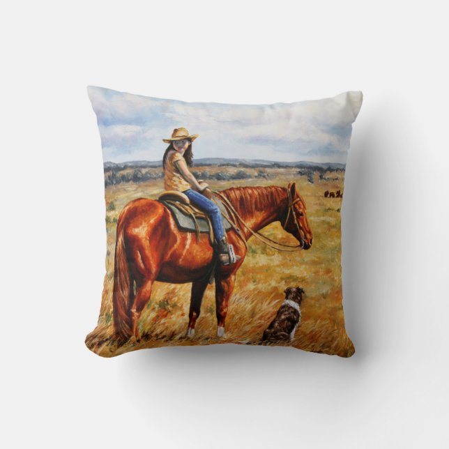 Little Cowgirl on Cattle Horse Throw Pillow (Front)